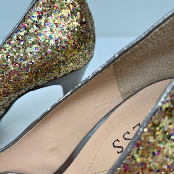 Guess Glitter Multicolor Gold Peep Toe Platform Heels Holiday Women's Size 9M - Picture 15 of 16